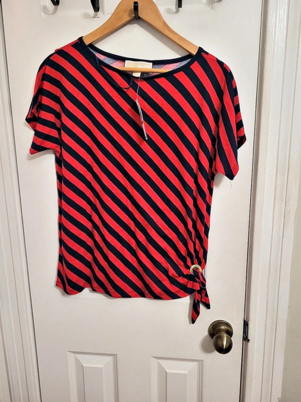 Michael Kors Basics QS95GEW9RT Striped Side-Tie Top in Red & Blue Size Small NWT